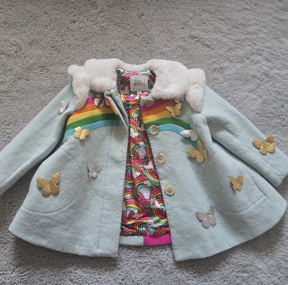 Kids Rainbow Pea Coat with Gold Butterfly Accents